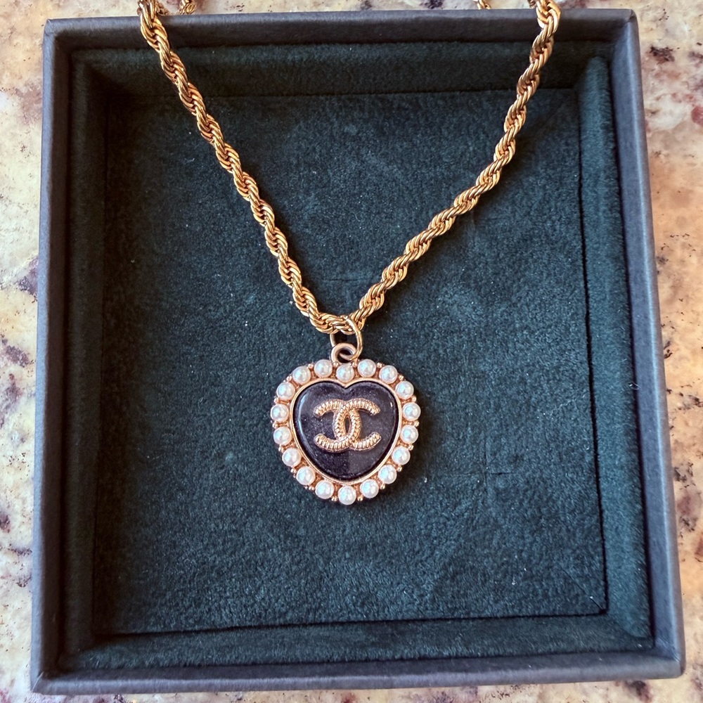 Repurposed CHANEL Gold and Black Heart Pendant Necklace